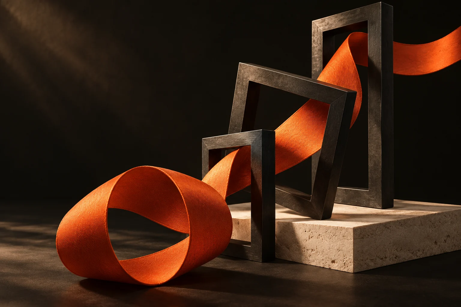 Abstract editorial studio scene in Fabulica ink and signal-orange colors